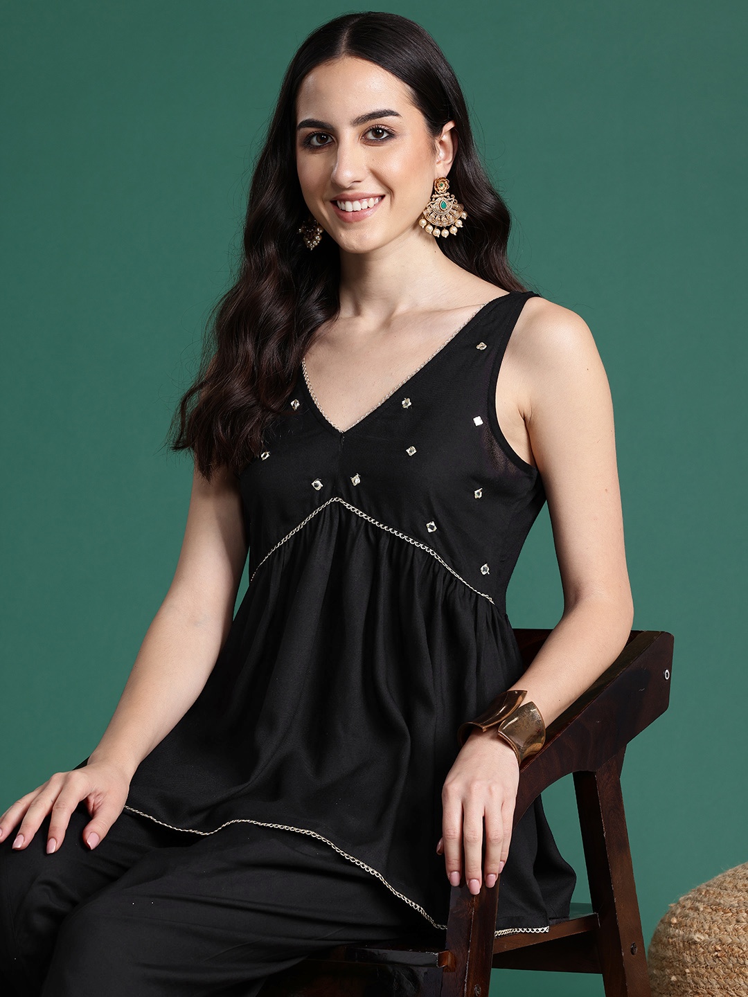 

Sangria Empire Mirror Work Kurti with Salwar, Black