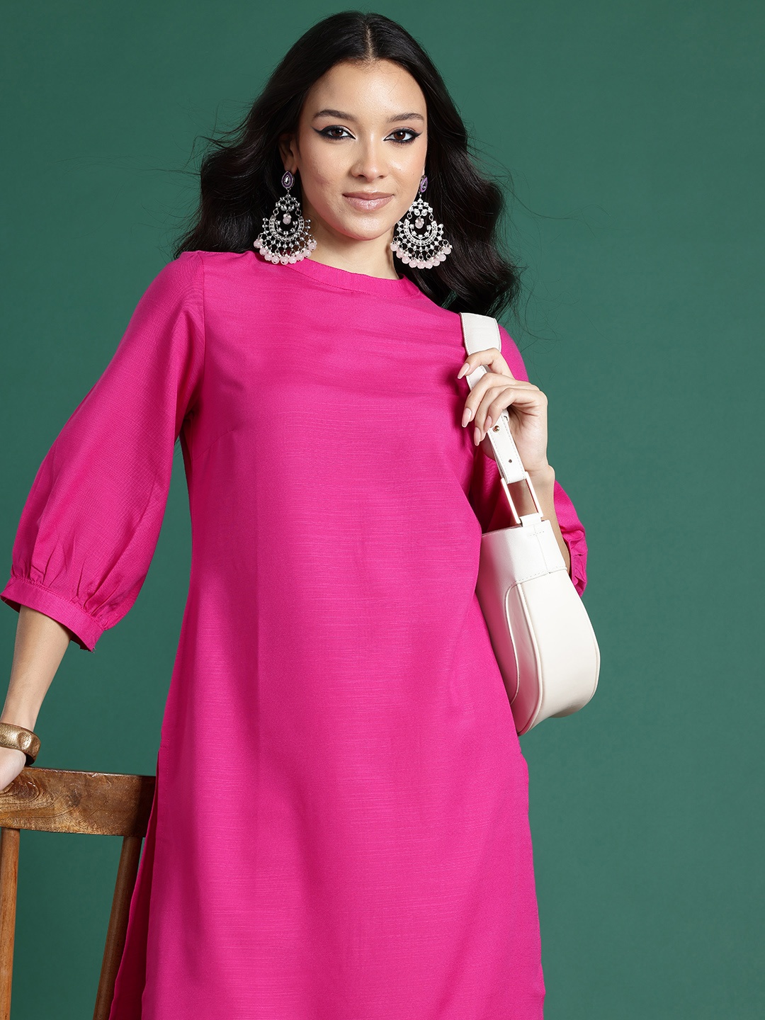 

Sangria Puff Sleeves Straight Kurta, Fuchsia