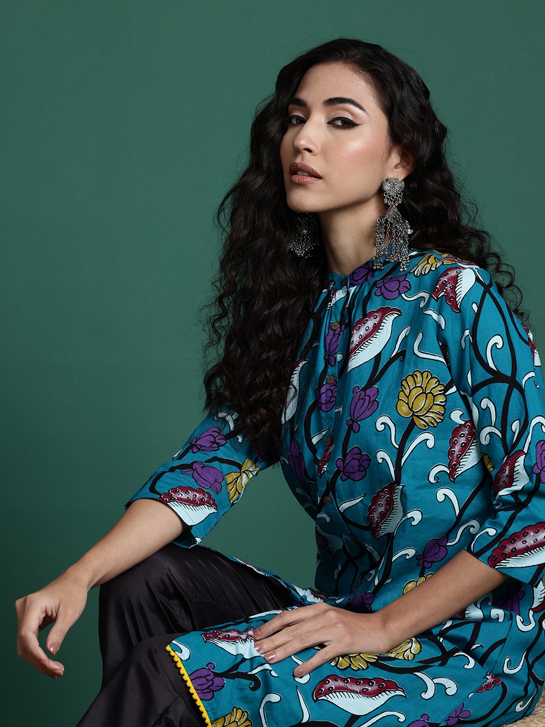 

Sangria Women Ethnic Motifs Printed Kurta, Turquoise blue