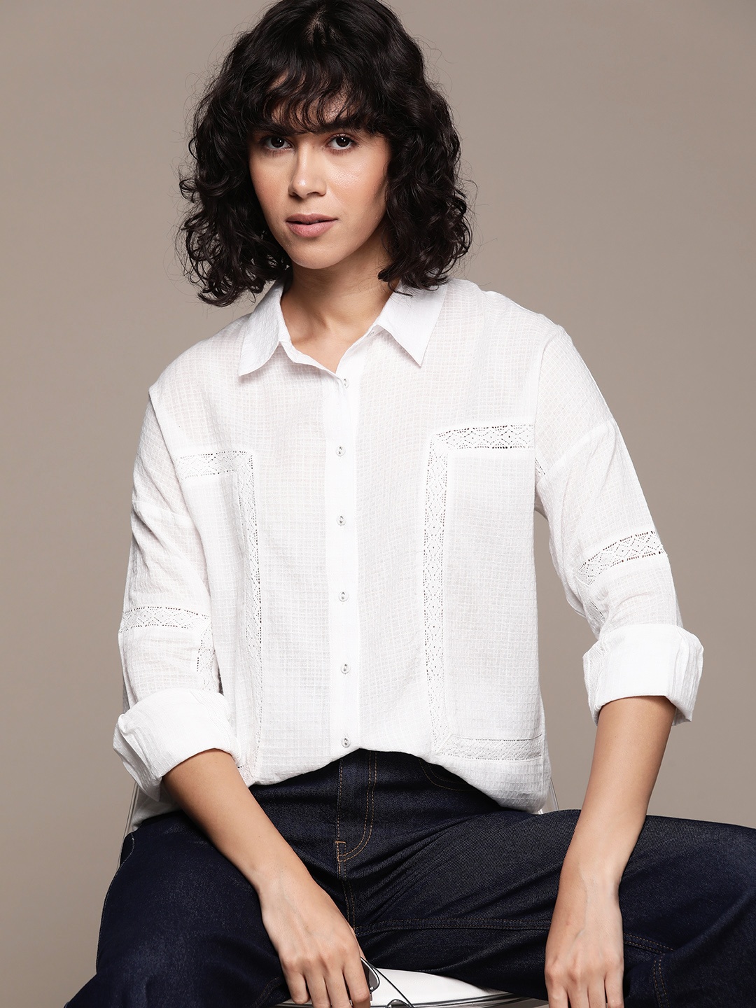 

The Roadster Lifestyle Co. Lace Inserted Pure Cotton Casual Shirt, White