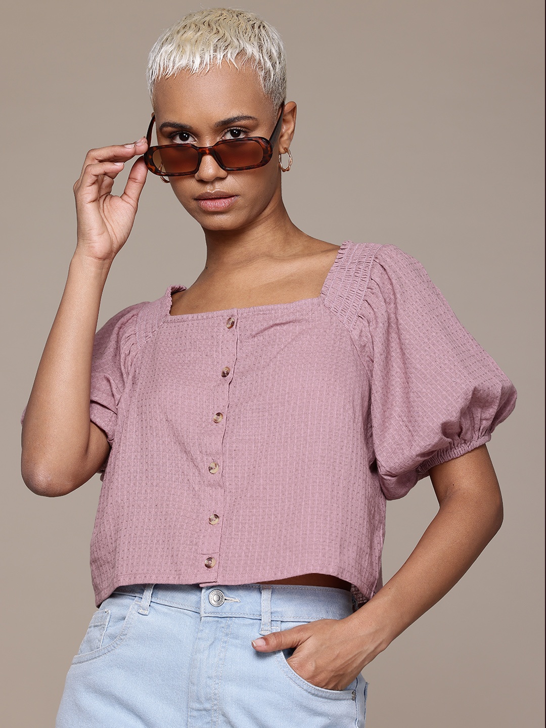 

Roadster The Lifestyle Co. Puff Sleeve Boxy Dobby Pure Cotton Top, Mauve