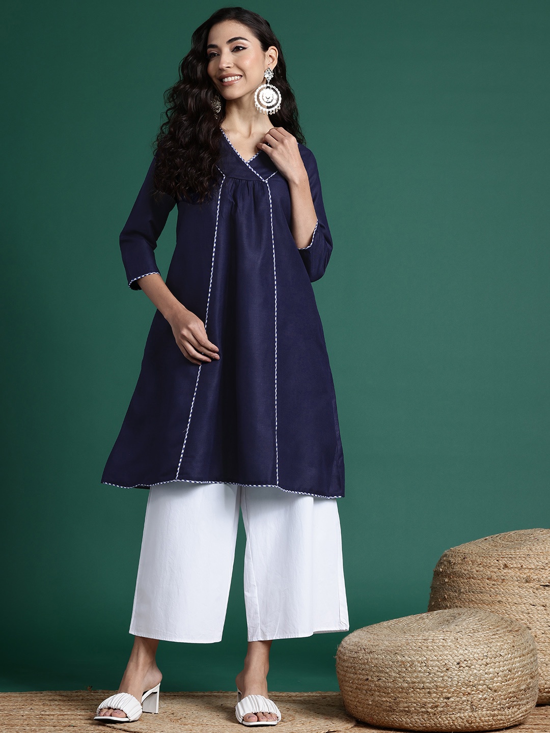 

Sangria Women Pleated A-Line Kurta, Navy blue