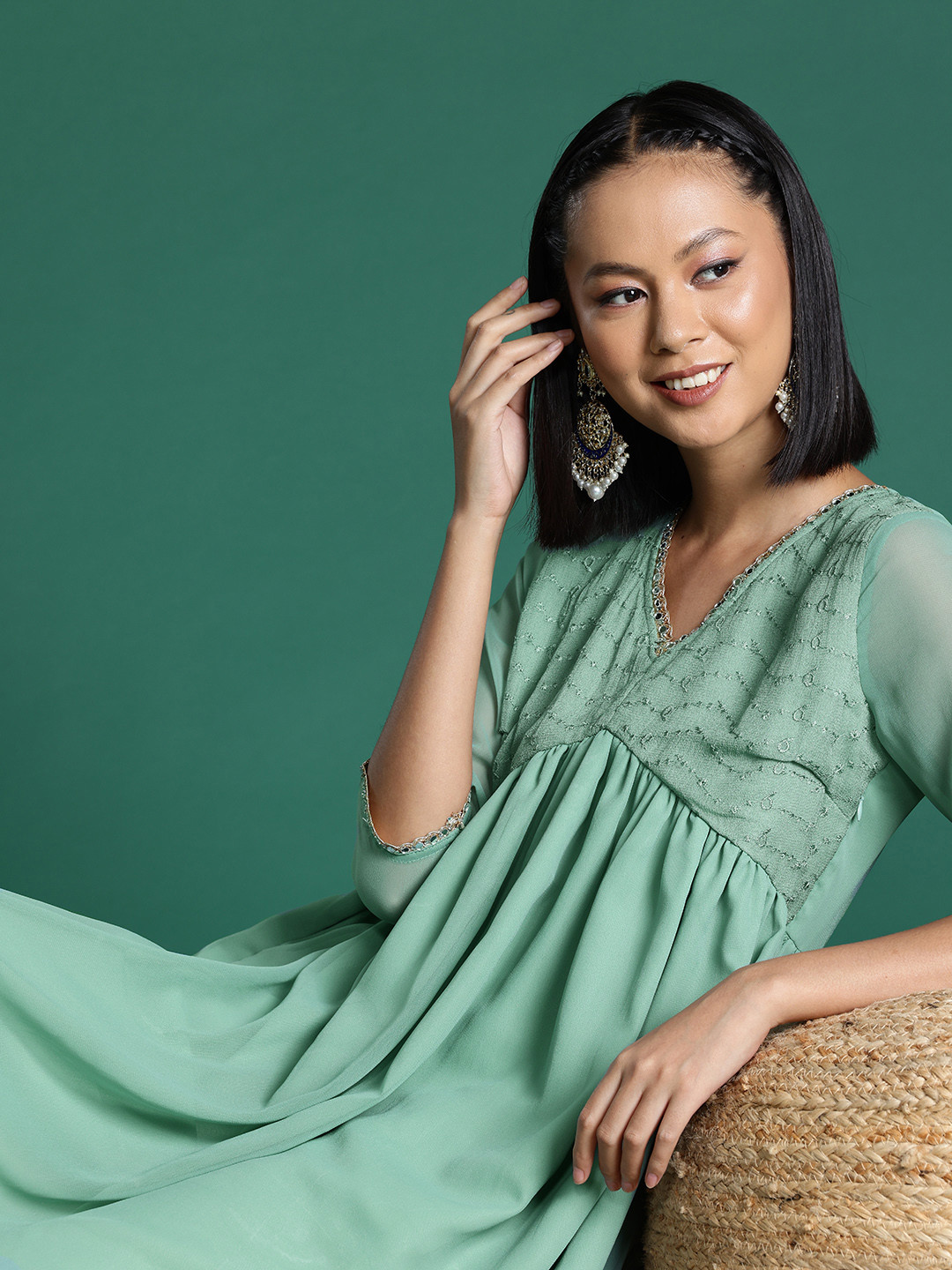 

Sangria Mirror Work Pastel A-line Kurta, Green