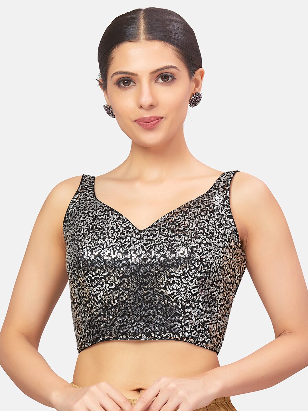 

Studio Shringaar Embroidered Sequined Saree Blouse, Black