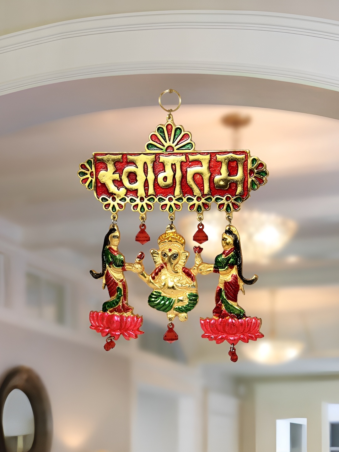 

HANDICRAFTS PARADISE Gold Toned & Red Lord Ganesh Metal Spiritual Wall Decor