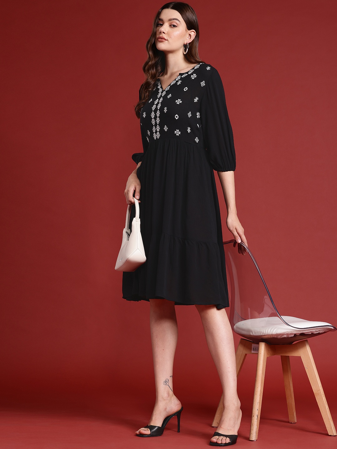 

Routes by All About You Embroidered Tiered A-Line Dress, Black