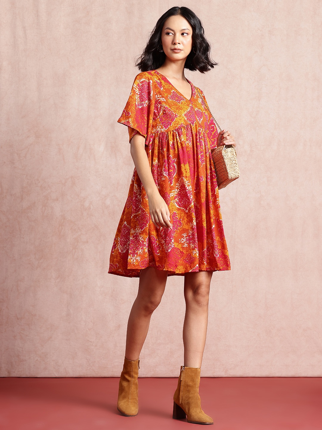 

Routes by All About You Ethnic Motifs Print Flared Sleeve A-Line Mini Dress, Orange