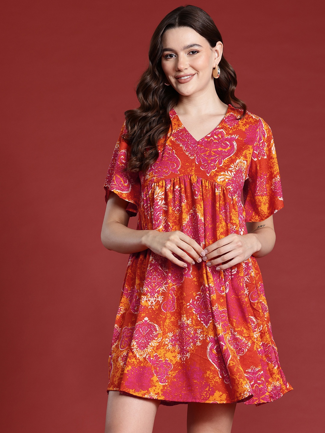 

all about you Ethnic Motifs Print Flared Sleeve A-Line Mini Dress, Orange