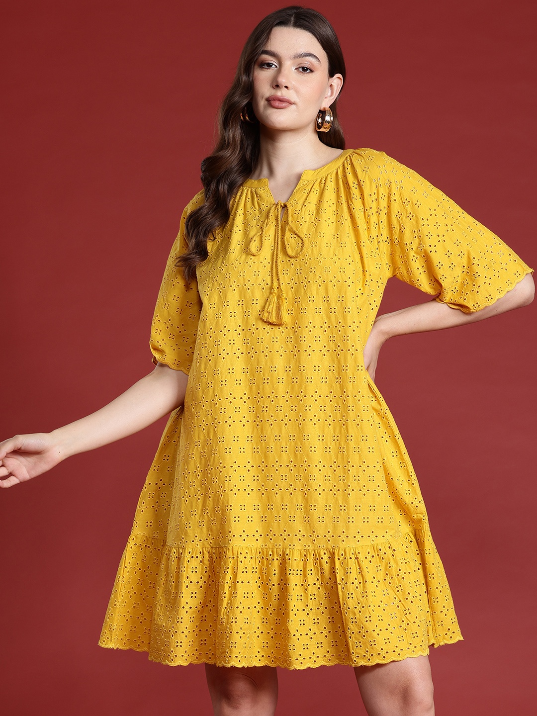 

all about you Tie-Up Neck Schiffli A-Line Dress, Mustard