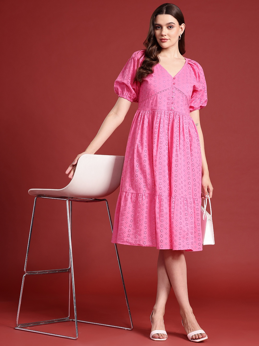 

all about you Cotton Schiffli Embroidered Puff Sleeves Tiered A-Line Dress, Pink