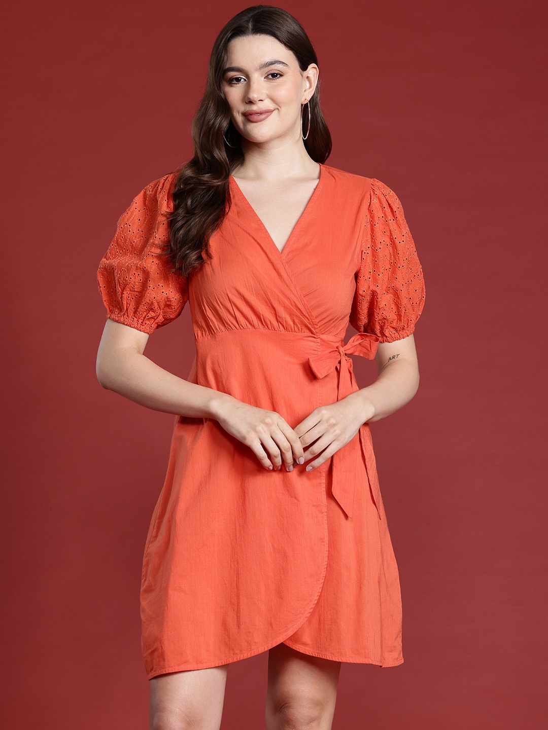 

all about you Puff Sleeve Mini Wrap Dress, Orange