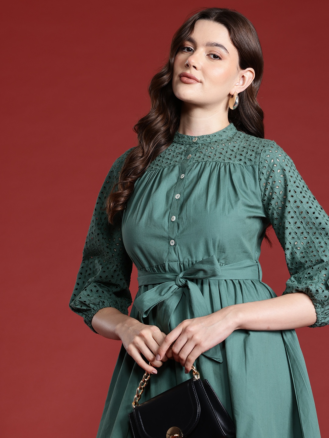 

all about you Schiffli Embroidered Cotton Fit & Flare Dress, Green