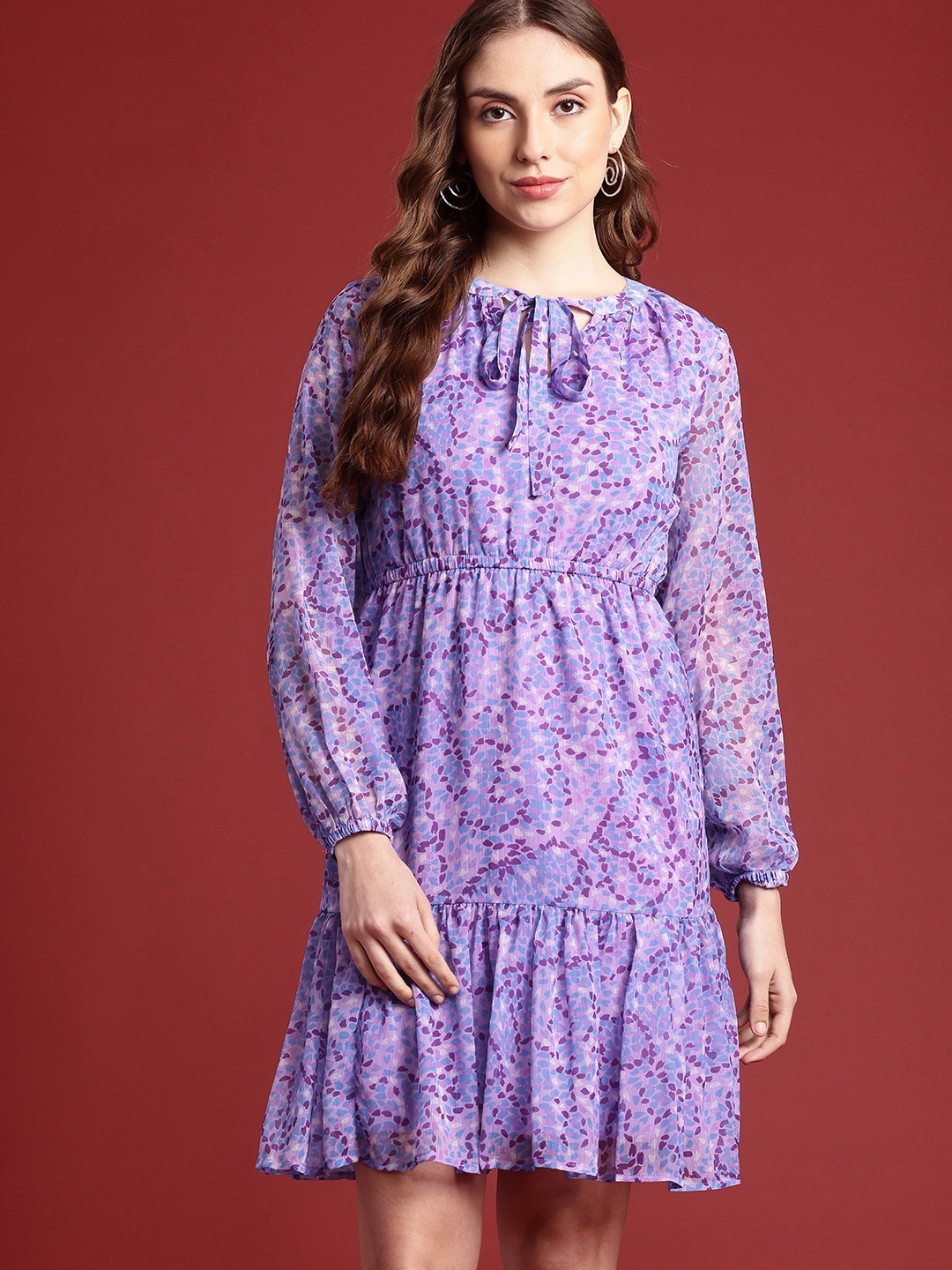 

all about you Floral Print Tie-Up Neck Fit & Flare Dress, Purple