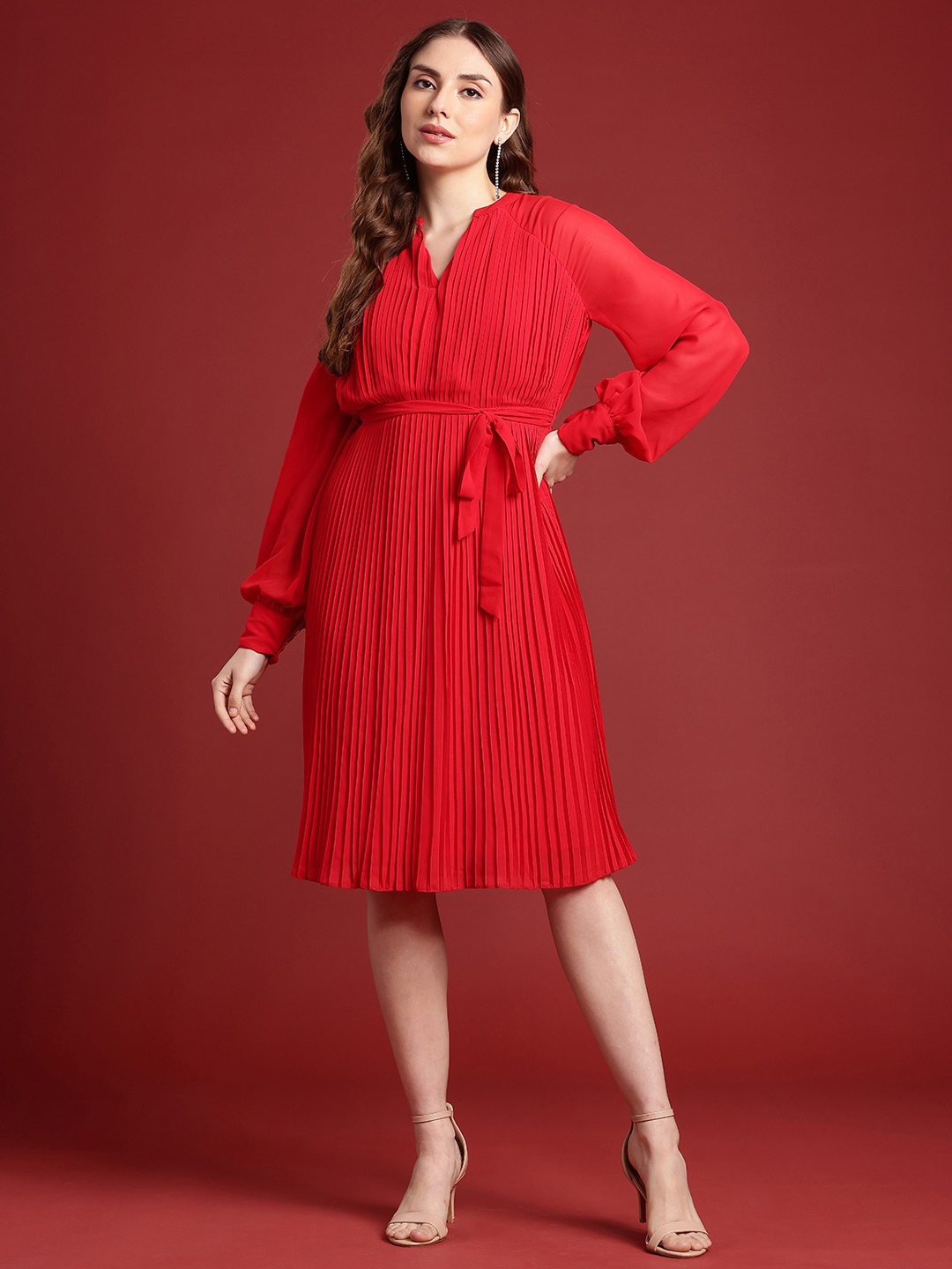 

All About You Formals Accordion Pleats Waist Tie-Up Puff Sleeves A-Line Dress, Red