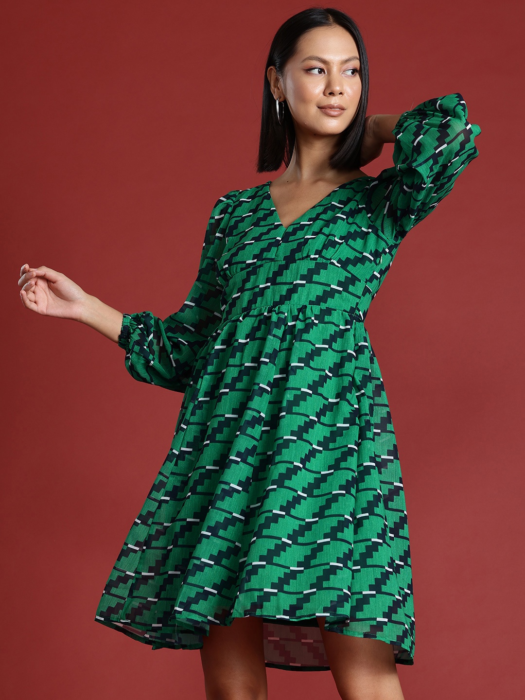 

All About You Formals Printed Puff Sleeves A-Line Dress, Green