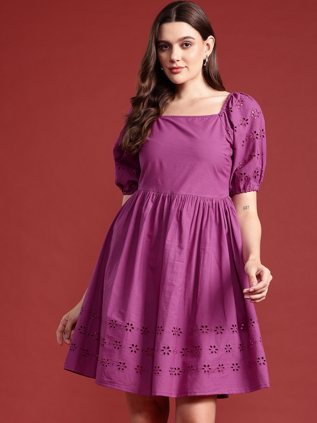 

all about you Cotton Schiffli Embroidered Detail Puff Sleeves A-Line Dress, Purple