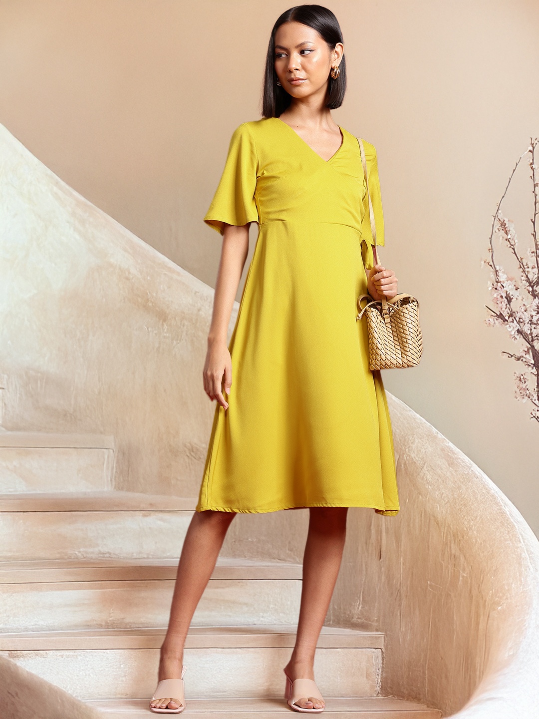 

all about you Flutter Sleeves A-Line Knee Length Wrap Dress, Mustard