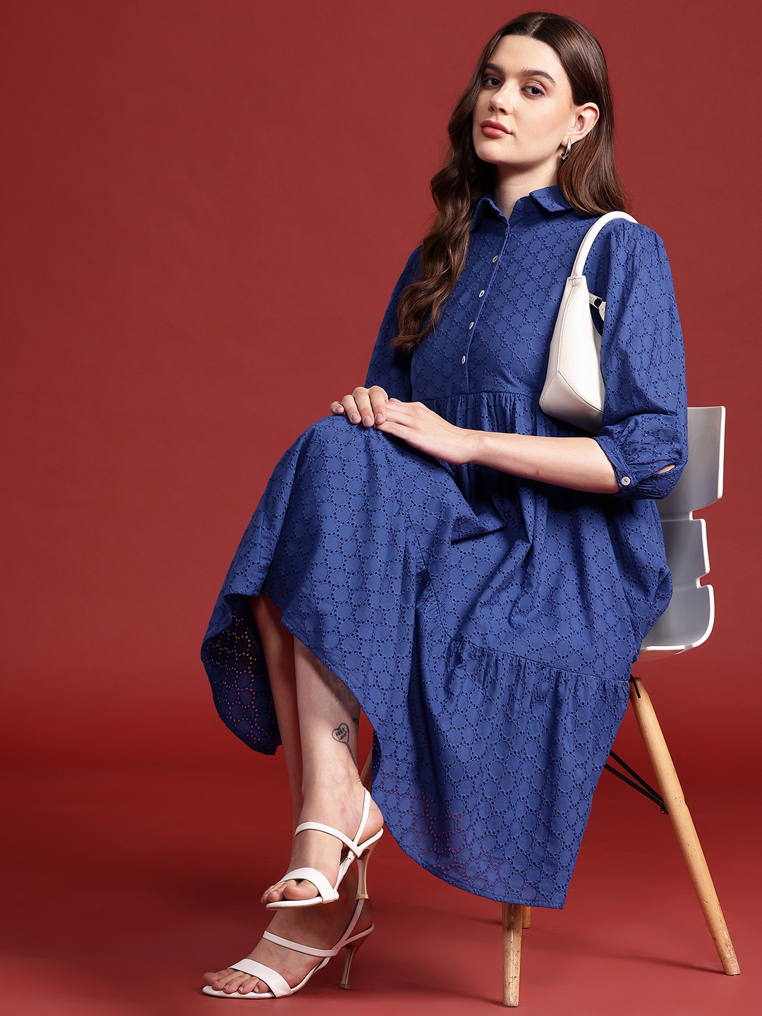 

all about you Cotton Schiffli Embroidered Puff Sleeves Tiered Shirt Dress, Blue