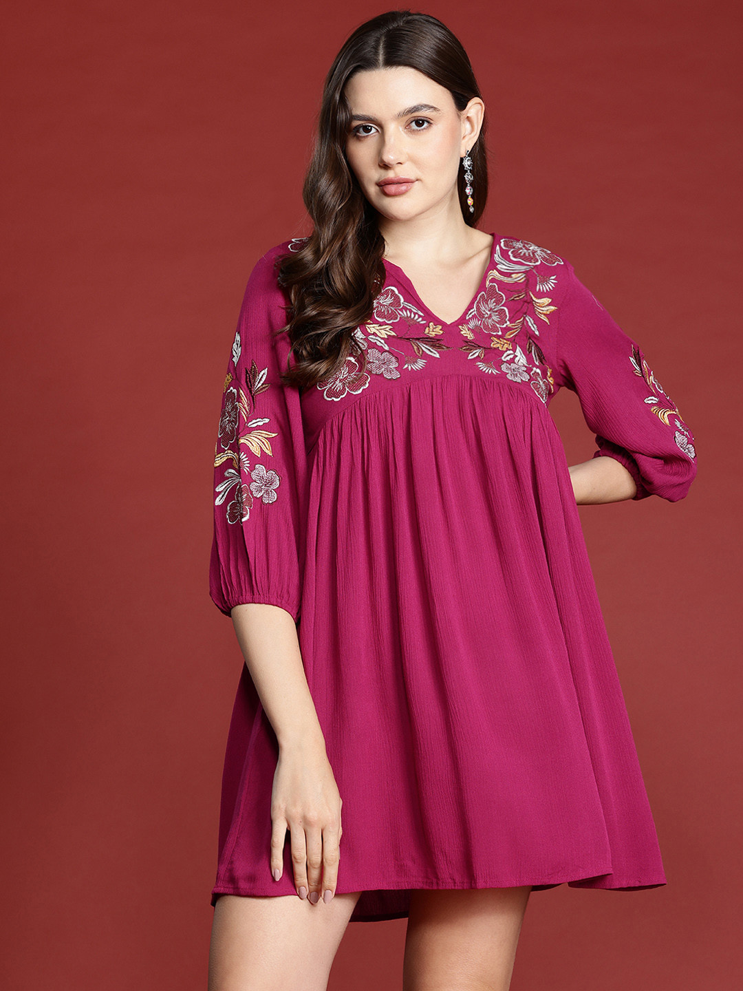 

all about you Floral Embroidered Empire Mini Dress, Maroon