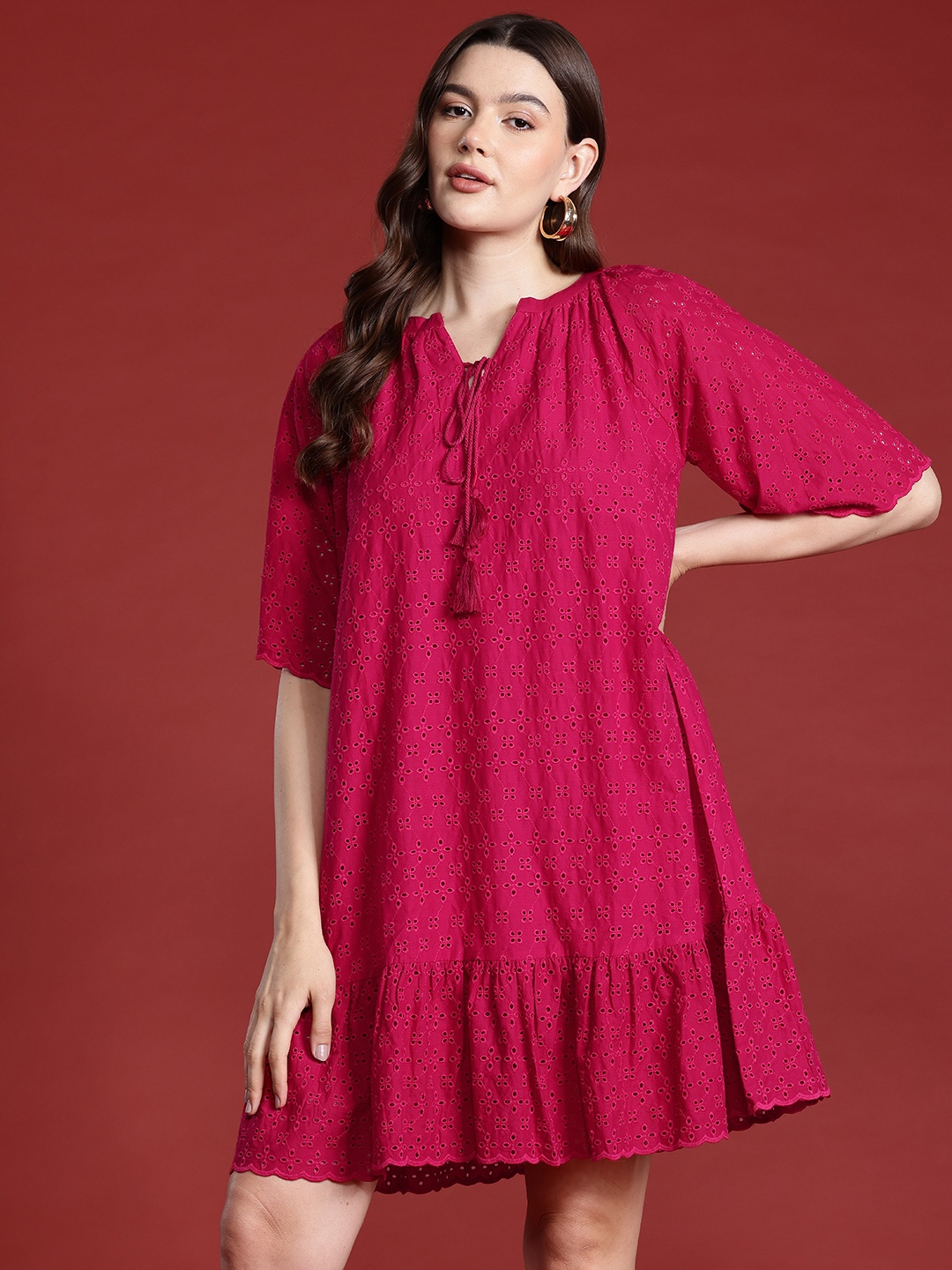 

Routes by All About You Tie-Up Neck Schiffli A-Line Dress, Magenta