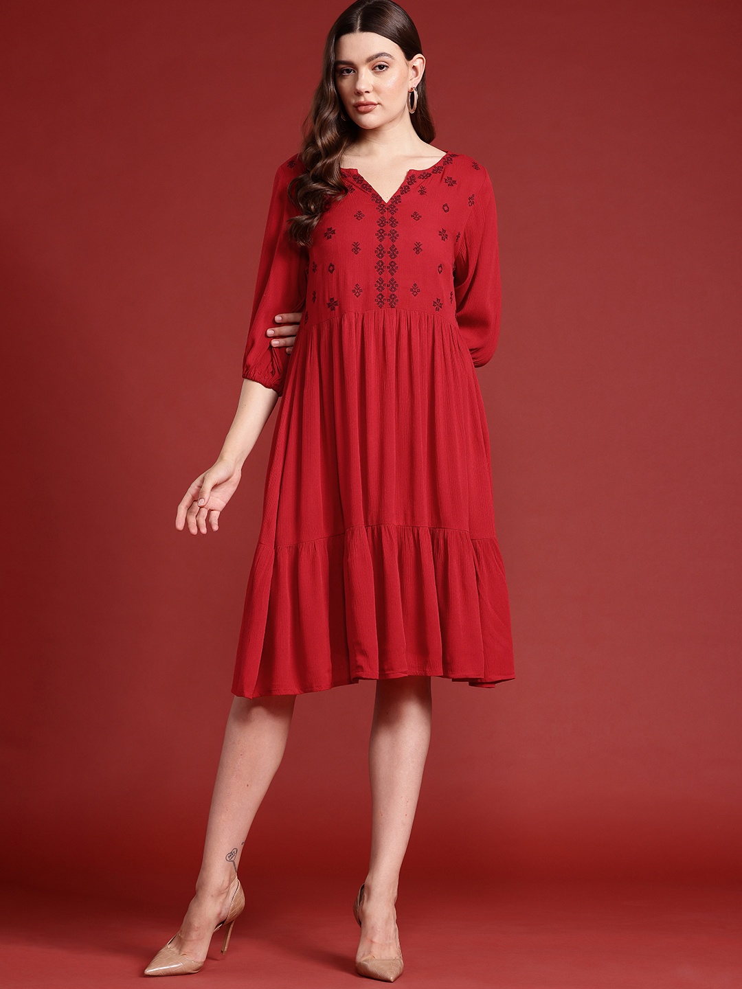 

Routes by All About You Embroidered Tiered A-Line Dress, Red