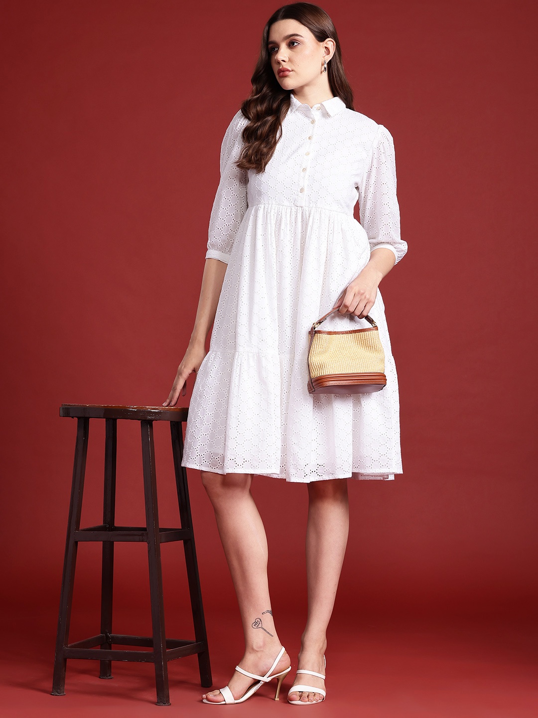 

all about you Cotton Schiffli Embroidered Puff Sleeves Tiered Shirt Dress, White
