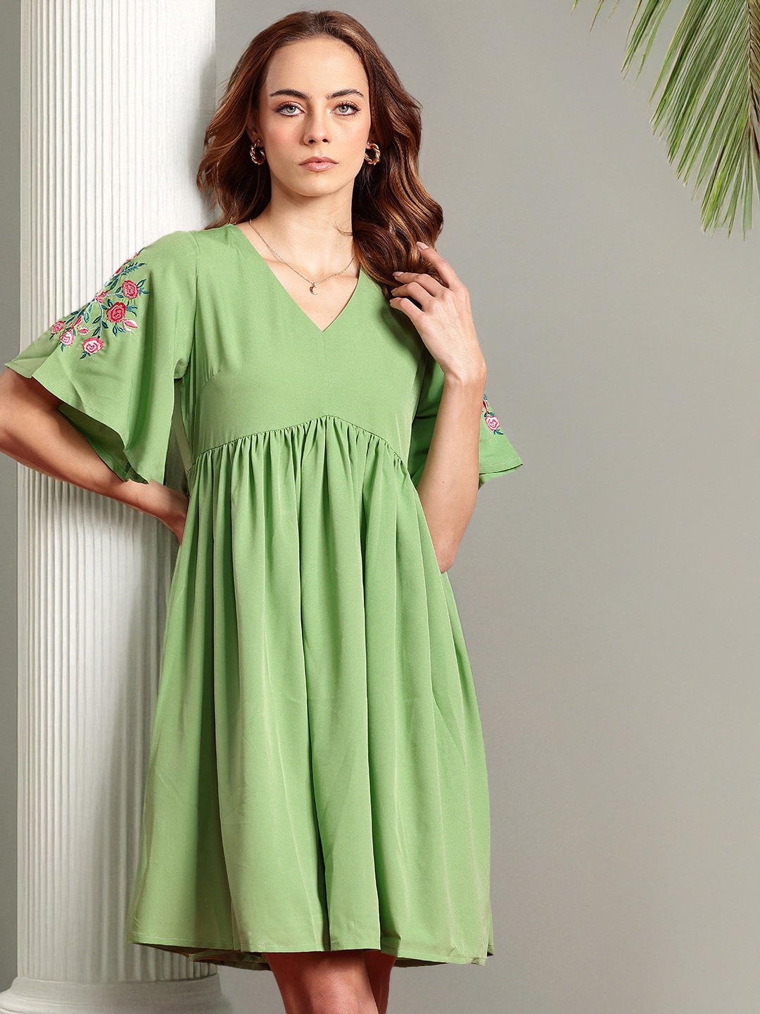 

all about you Flared Sleeve A-Line Dress, Green