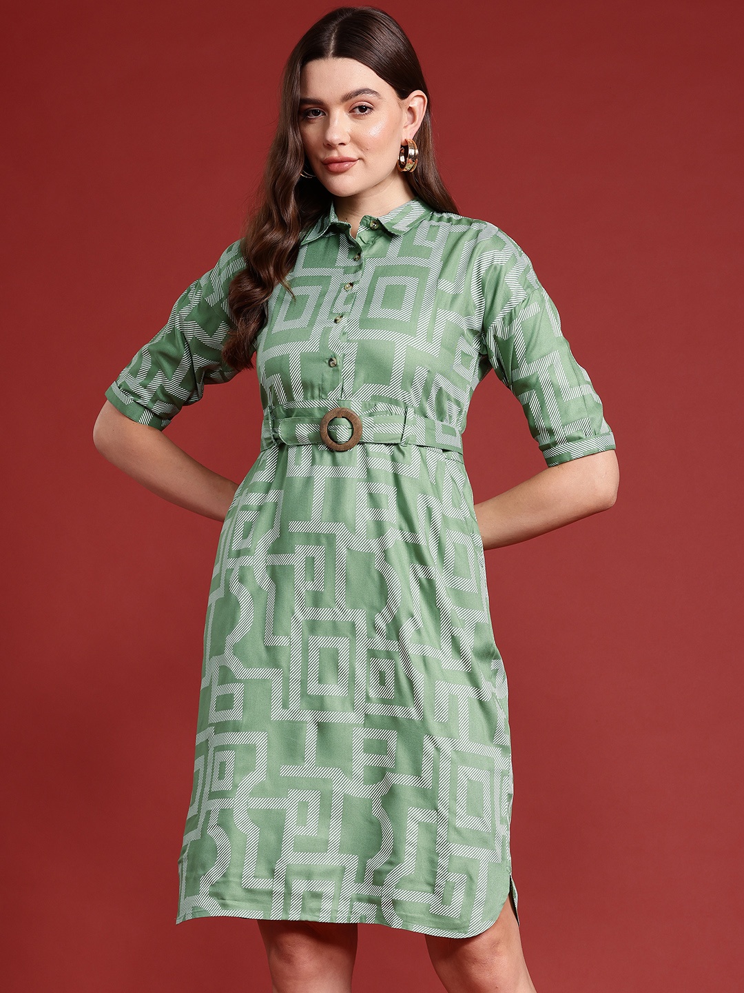 

all about you Printed Shirt Dress with Belt, Green