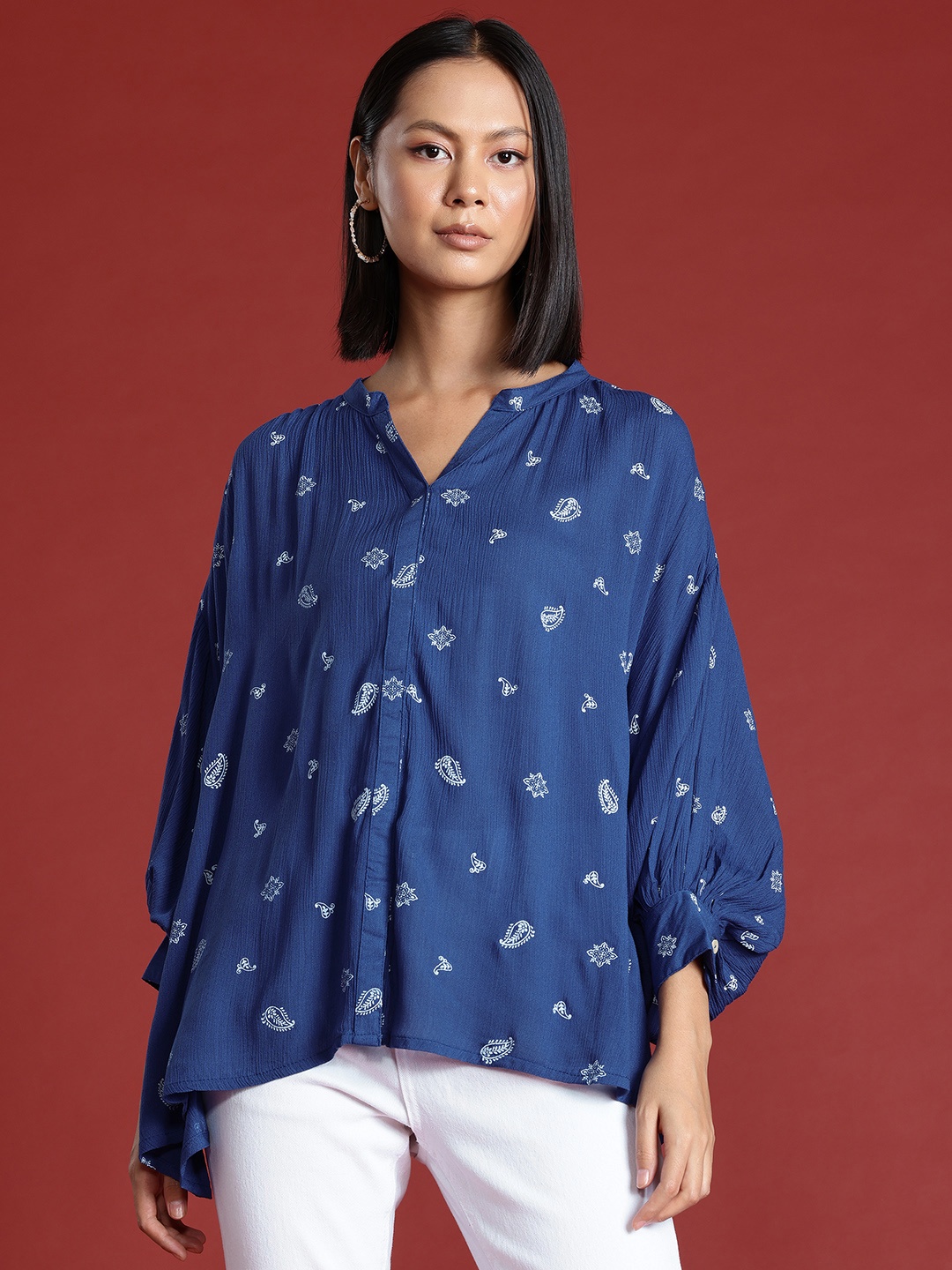 

Routes by All About You Print Mandarin Collar Ethnic Top, Blue