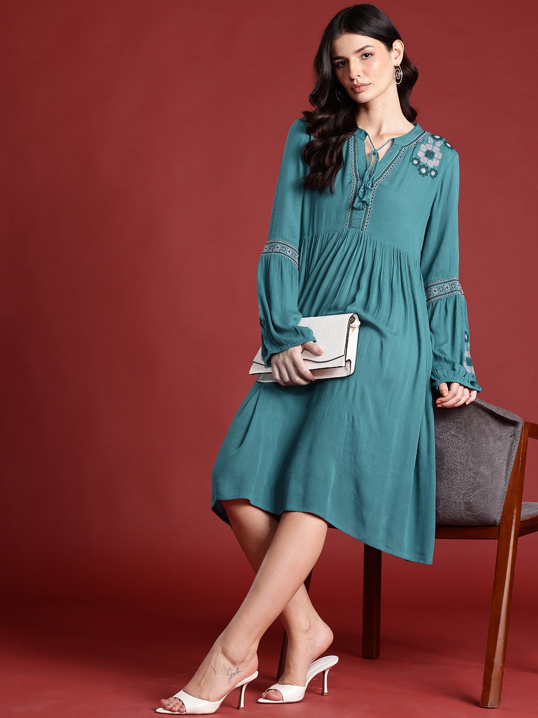 

Routes by All About You Embroidered Tie-Up Neck A-Line Dress, Teal