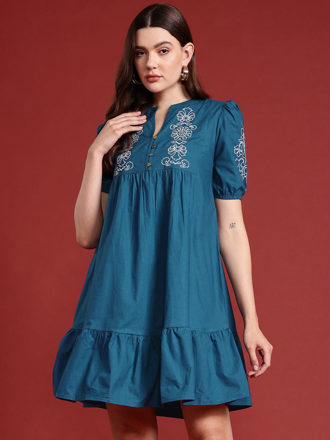

Routes by All About You Pure Cotton Embroidered Drop-Waist Dress, Teal