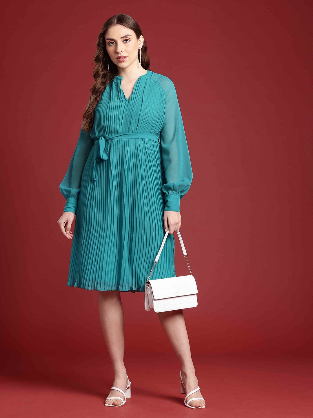 

All About You Formals Accordion Pleats Waist Tie-Up Puff Sleeves A-Line Dress, Teal