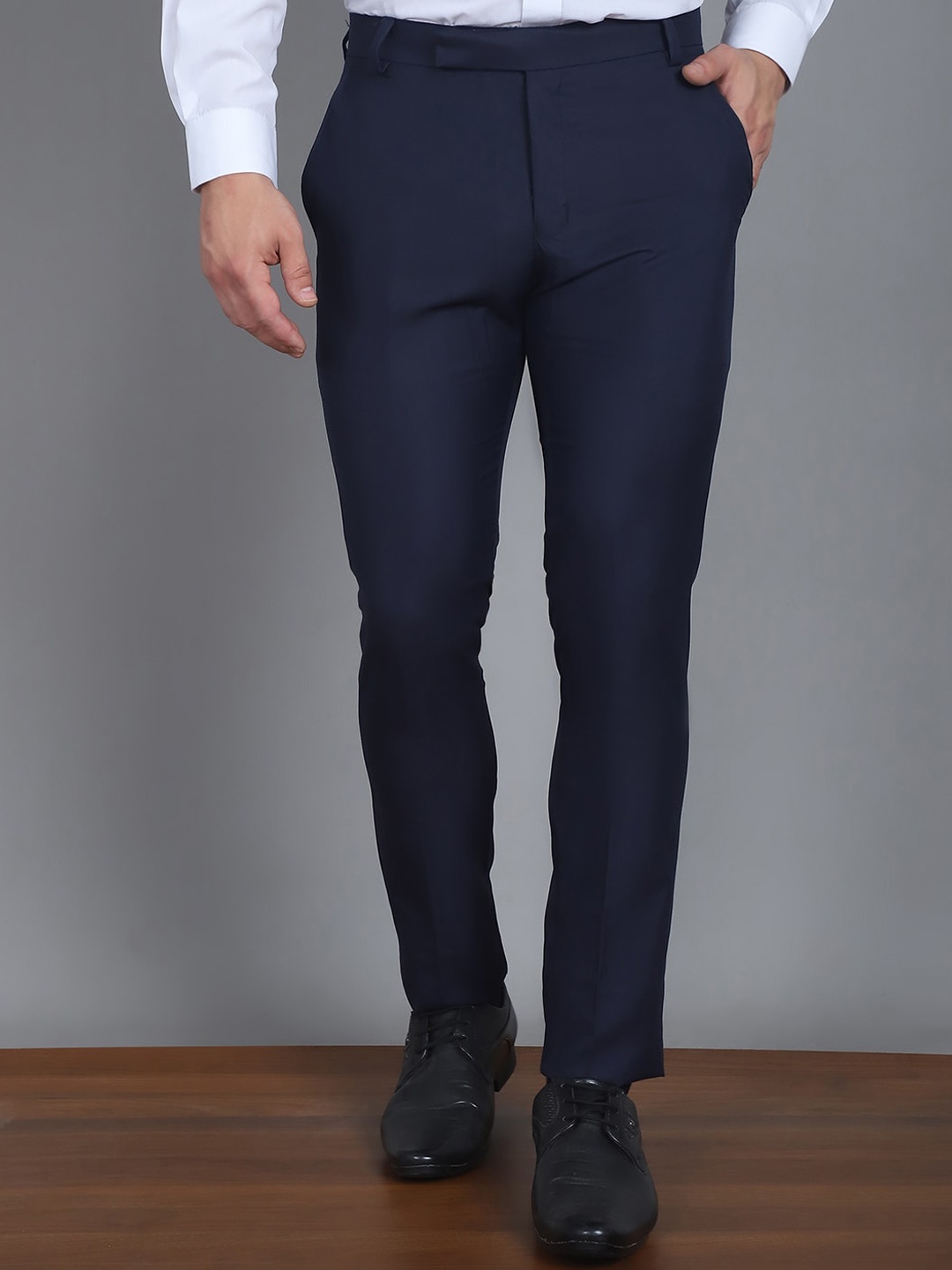 

Indian Needle Men Relaxed Tapered Fit Cotton Easy Wash Formal Trouser, Navy blue