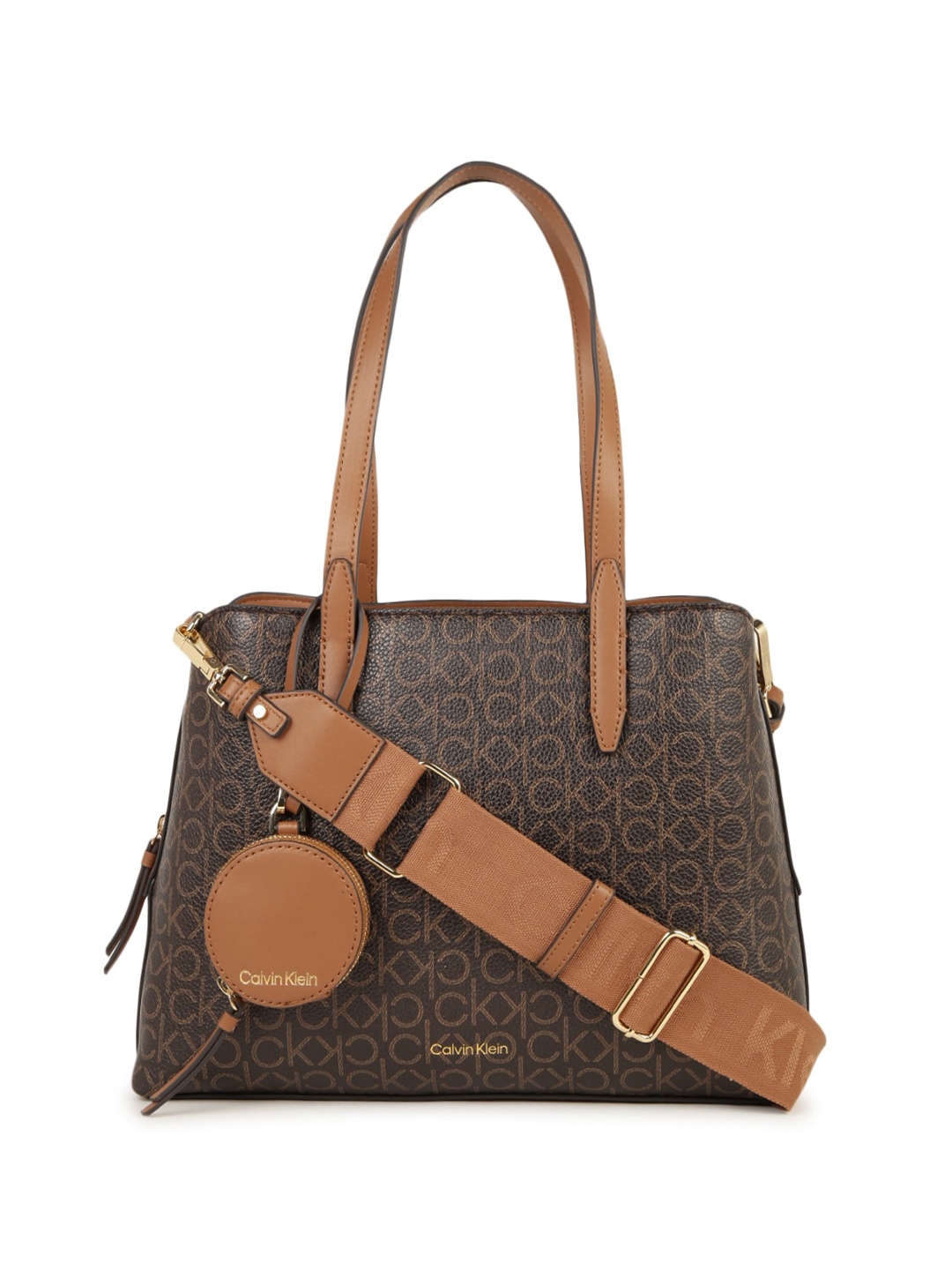 

Calvin Klein Brand Logo Printed Structured Shoulder Bag, Brown