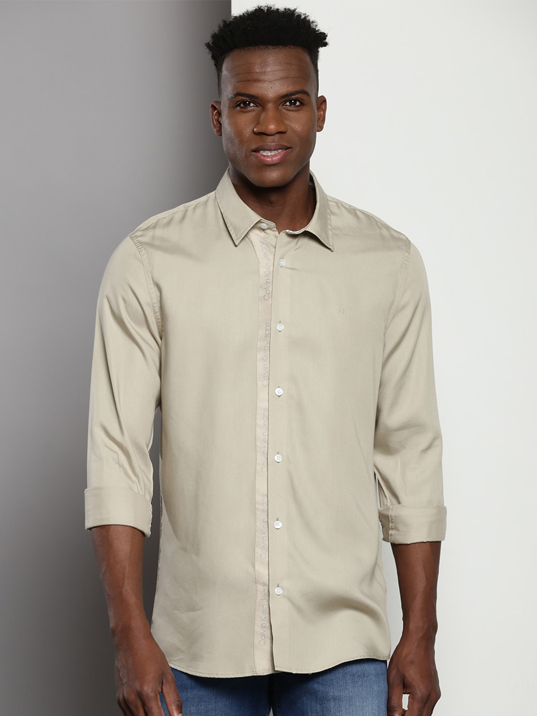 

Calvin Klein Jeans Slim Fit Curved Spread Collar Casual Shirt, Beige