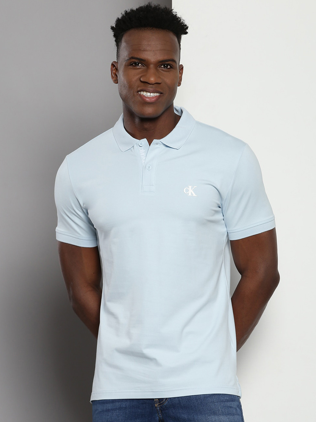 

Calvin Klein Brand Logo Applique Polo Collar Short Sleeves Cotton Slim Fit T-shirt, Blue