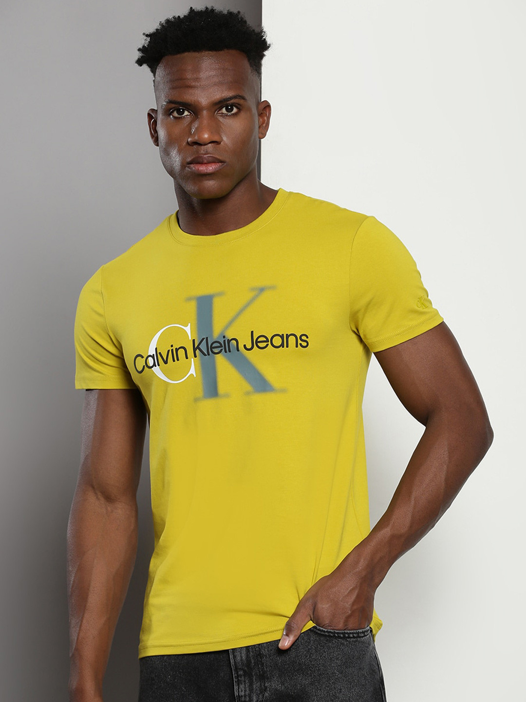 

Calvin Klein Jeans Brand Logo Applique Round Neck Short Sleeves Cotton T-shirt, Yellow