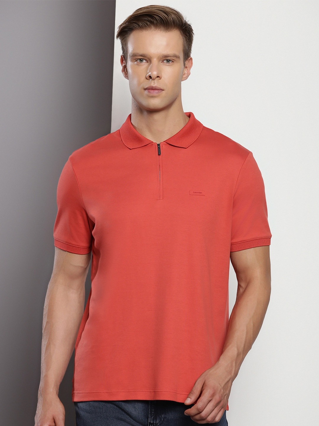 

Calvin Klein Cotton Polo Collar Raw Edge T-shirt, Red
