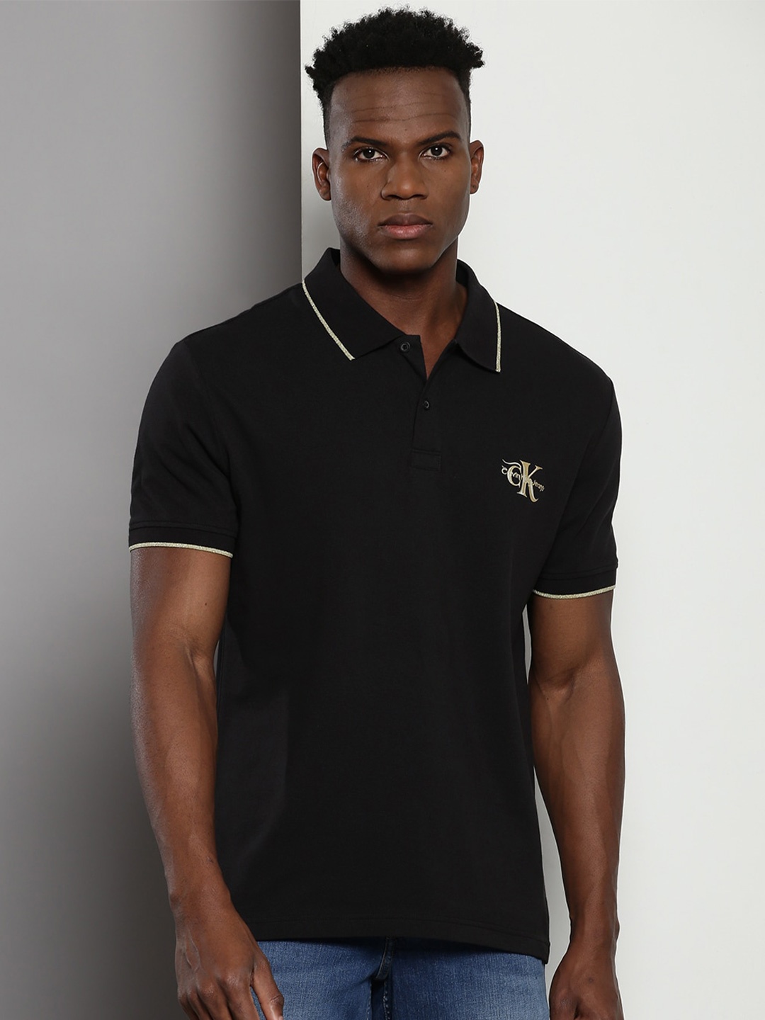 

Calvin Klein Jeans Brand Logo Print Cotton Polo Collar Applique T-shirt, Black