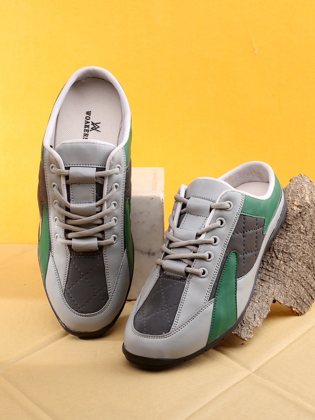 

Woakers Men Textured Contrast Sole Lace-Ups Mule Sneakers, Grey