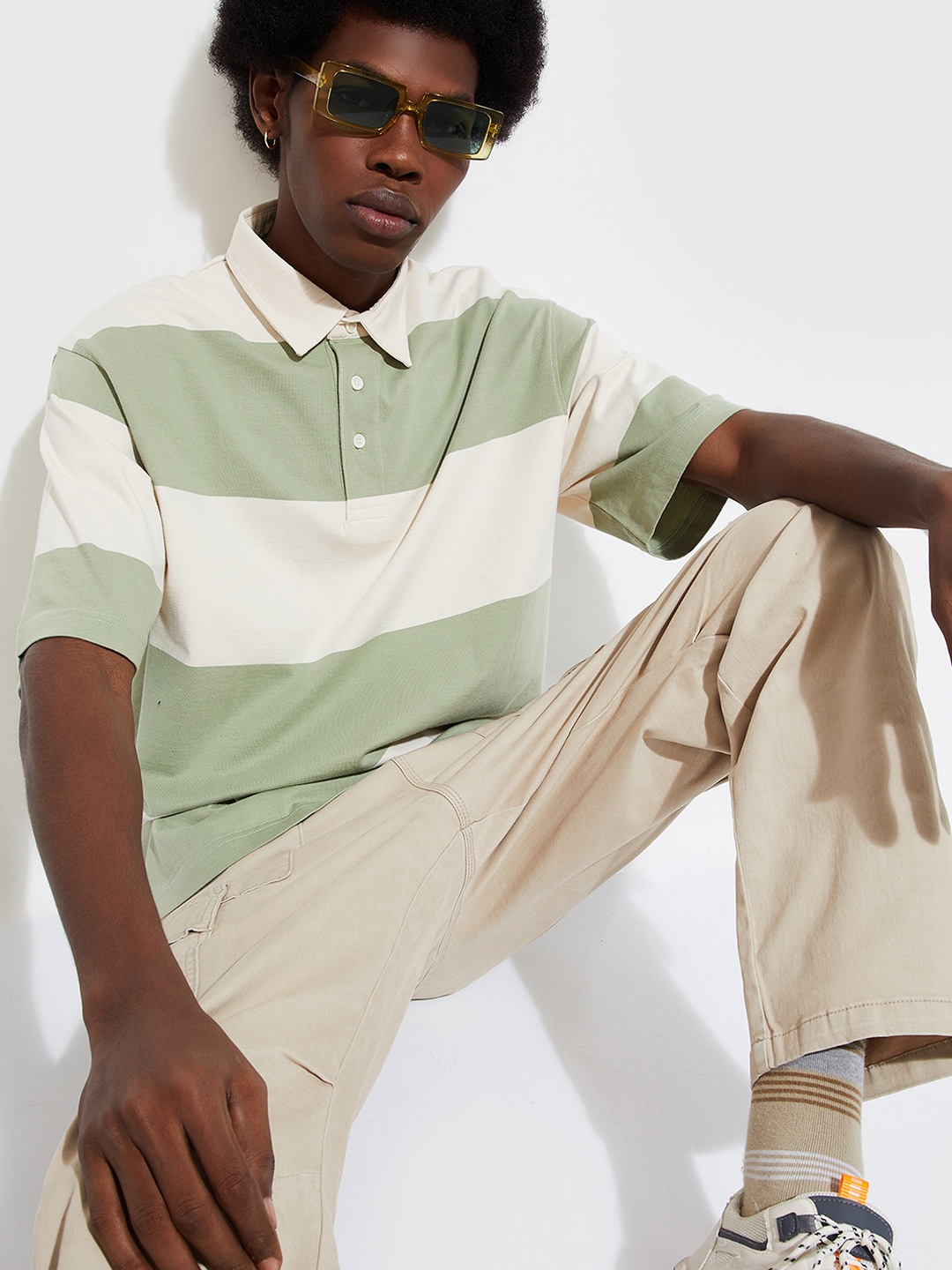 

max URB_N Striped Polo Collar Pure Cotton Oversized T Shirt, Green