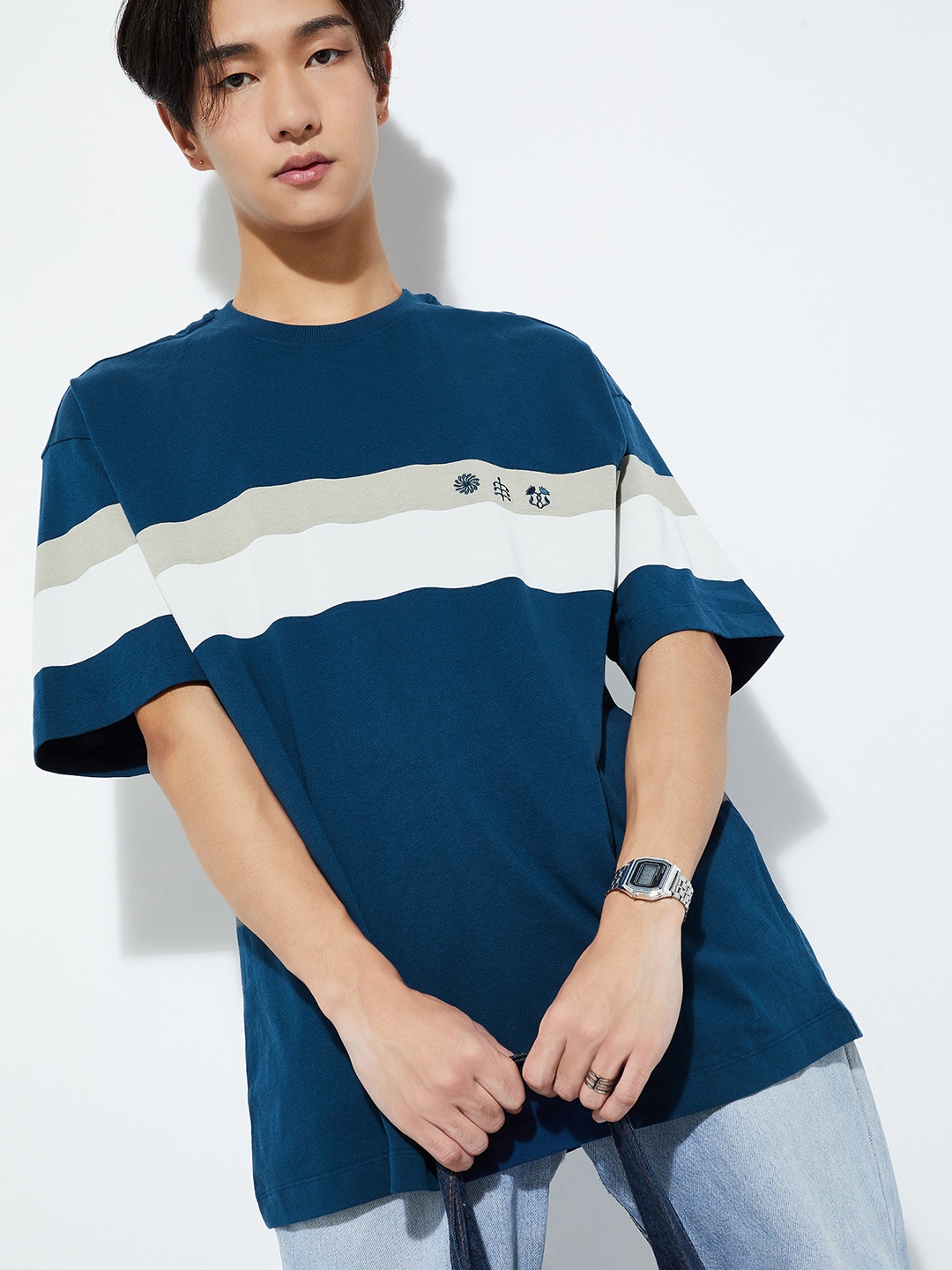 

max URB_N Men Drop-Shoulder Sleeves Striped Pure Cotton Oversized T-shirt, Blue