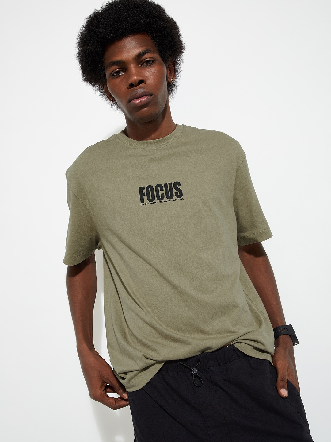 

max URB_N Typography Printed Pure Cotton Oversized T-shirt, Green