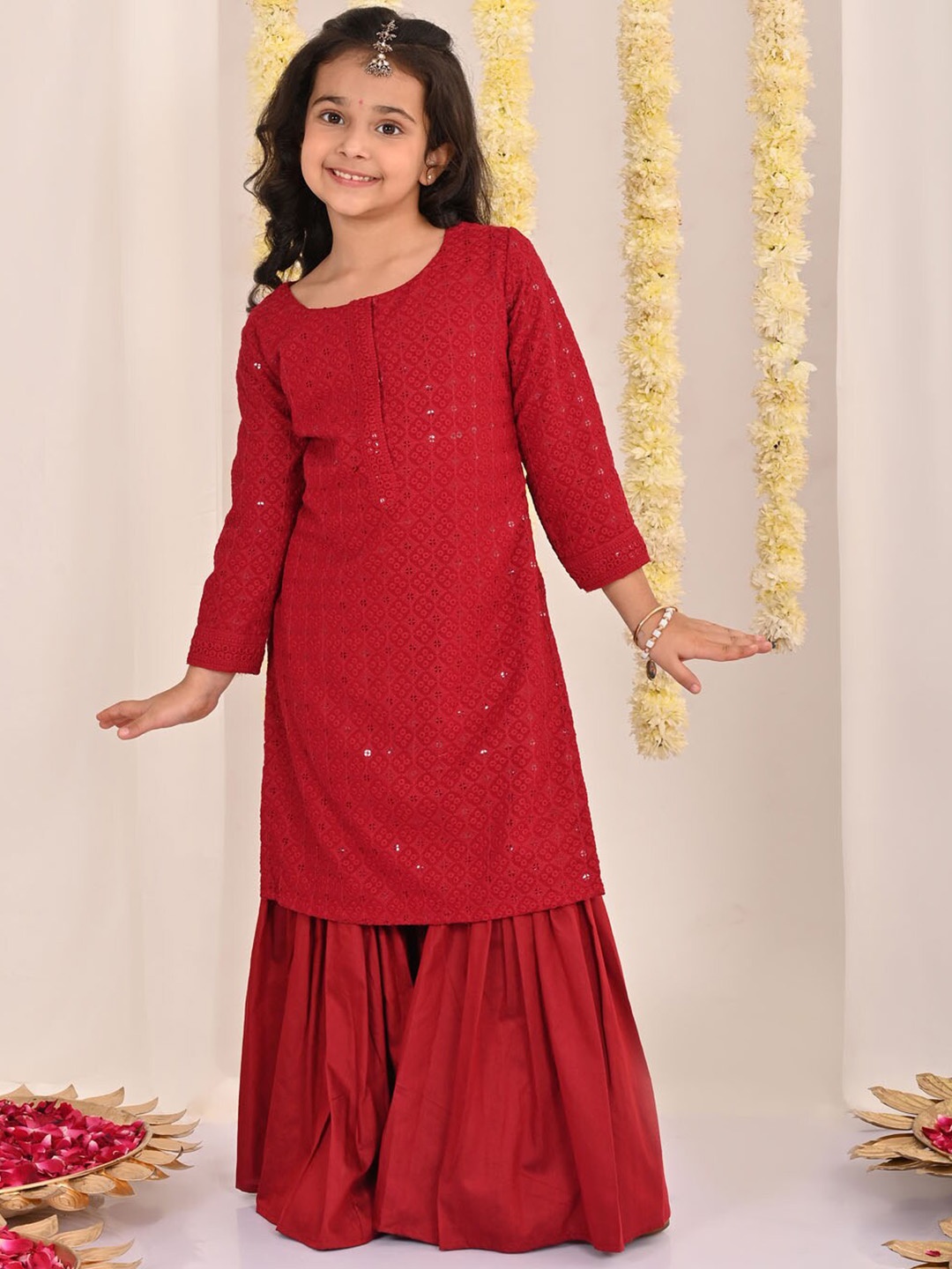 

VASTRAMAY Girls Embroidered Thread Work Straight Kurta with Sharara, Maroon