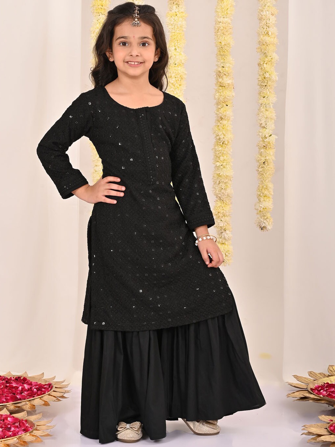 

VASTRAMAY Girls Ethnic Motifs Sequined Embroidered Kurta With Sharara, Black