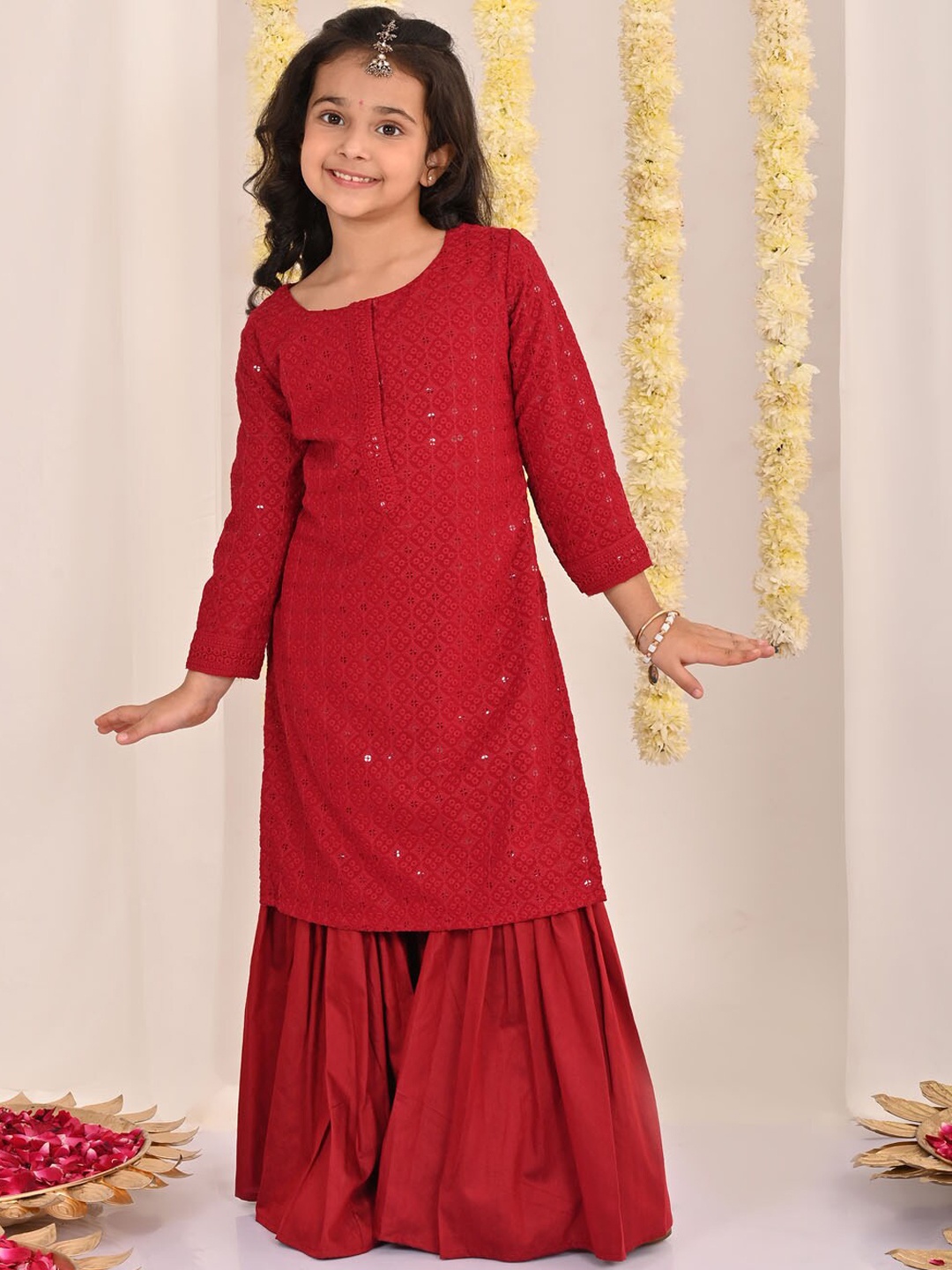 

VASTRAMAY Girls Embroidered Thread Work Straight Kurta with Sharara, Maroon