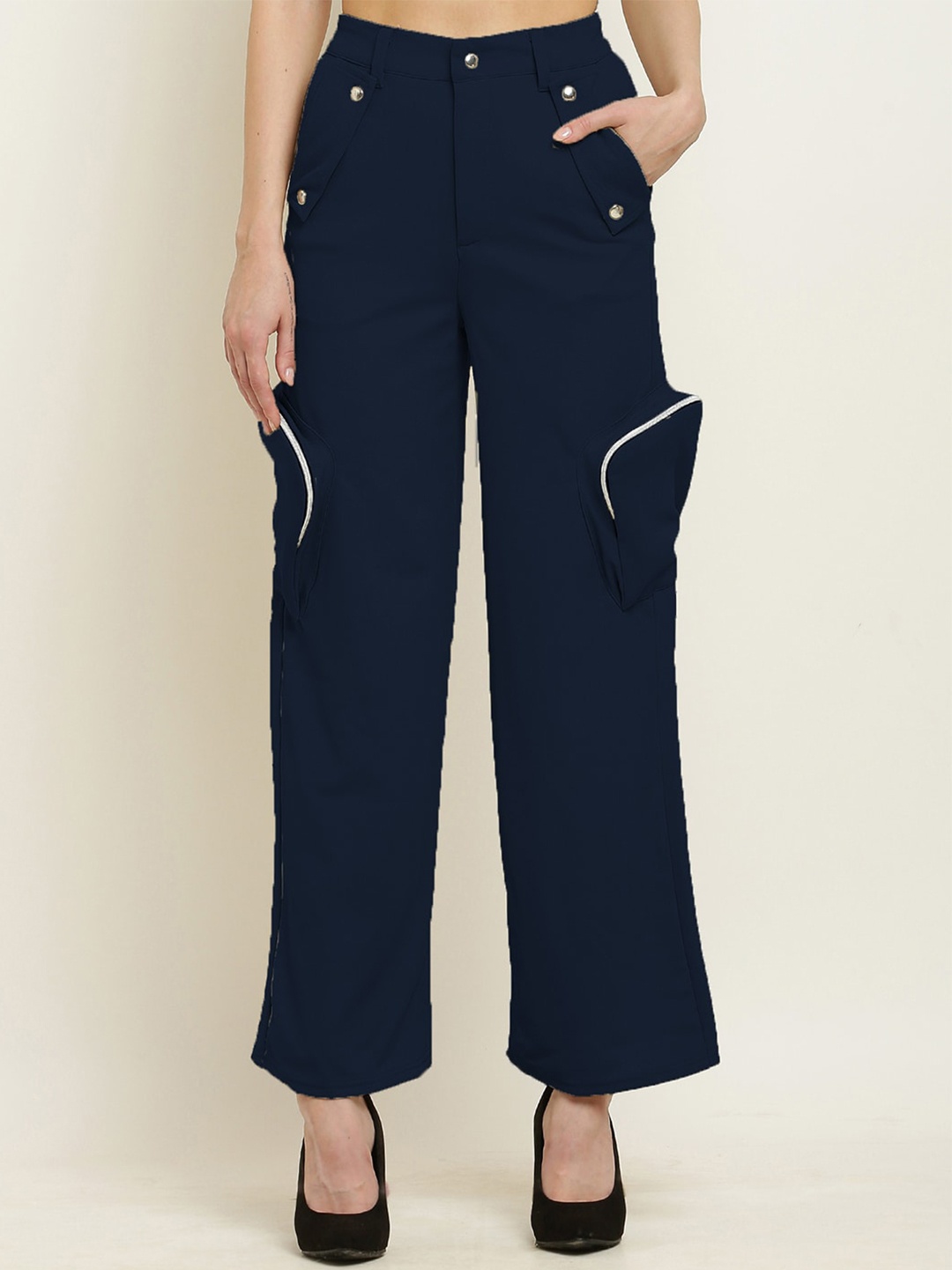 

BAESD Women Relaxed High-Rise Non Iron Organic Cotton Cargos Trousers, Blue