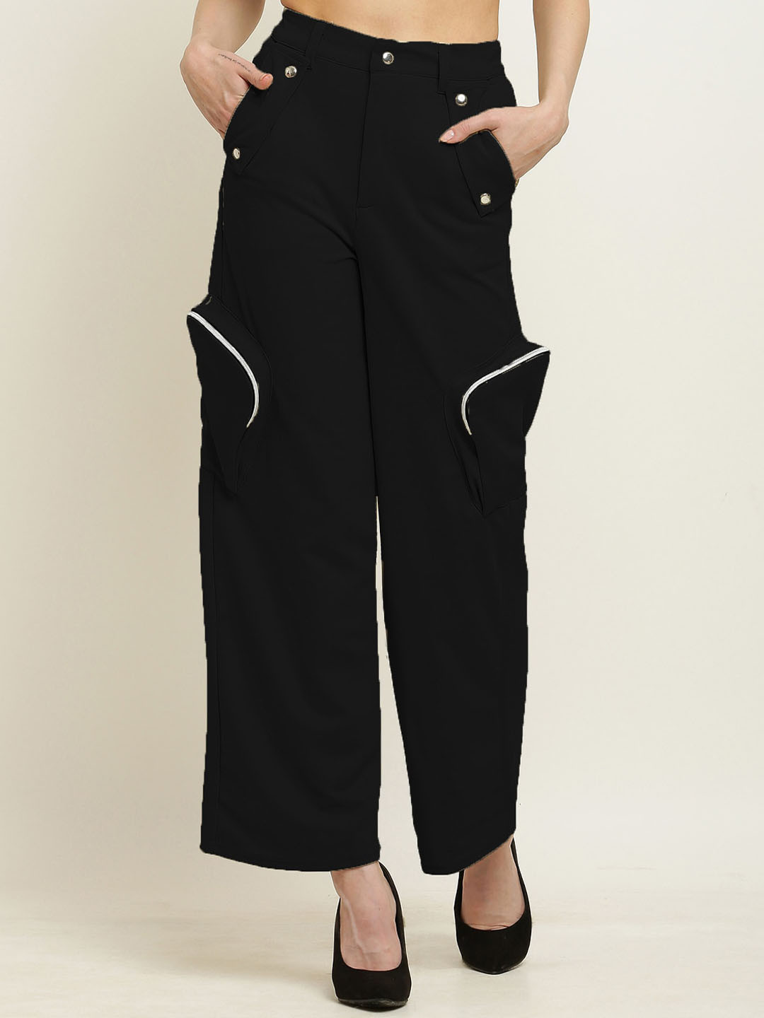 

BAESD Women Relaxed High-Rise Non Iron Organic Cotton Cargos Trousers, Black