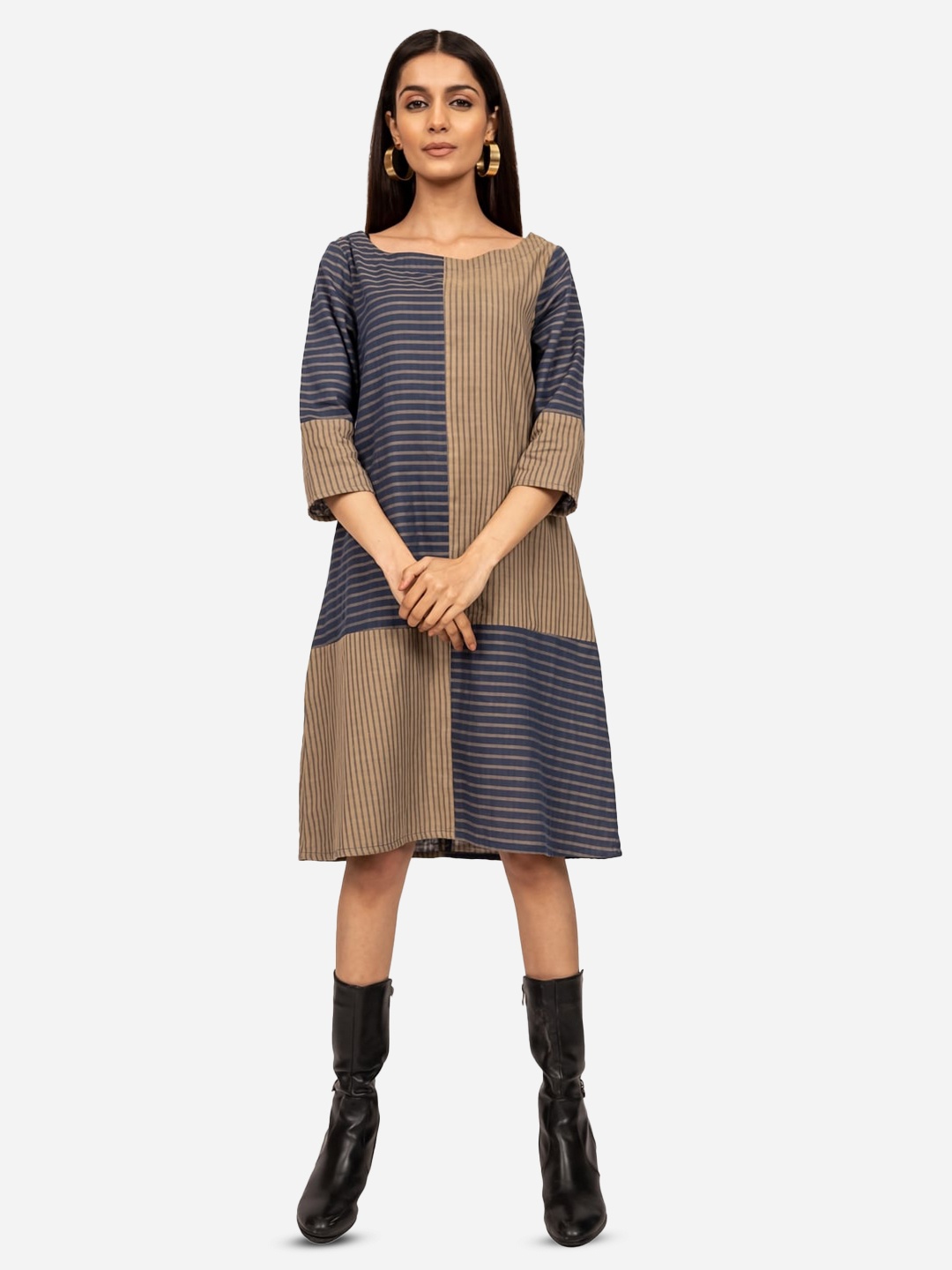 

INDIE JHOLA Striped Cotton A-Line Dress, Blue