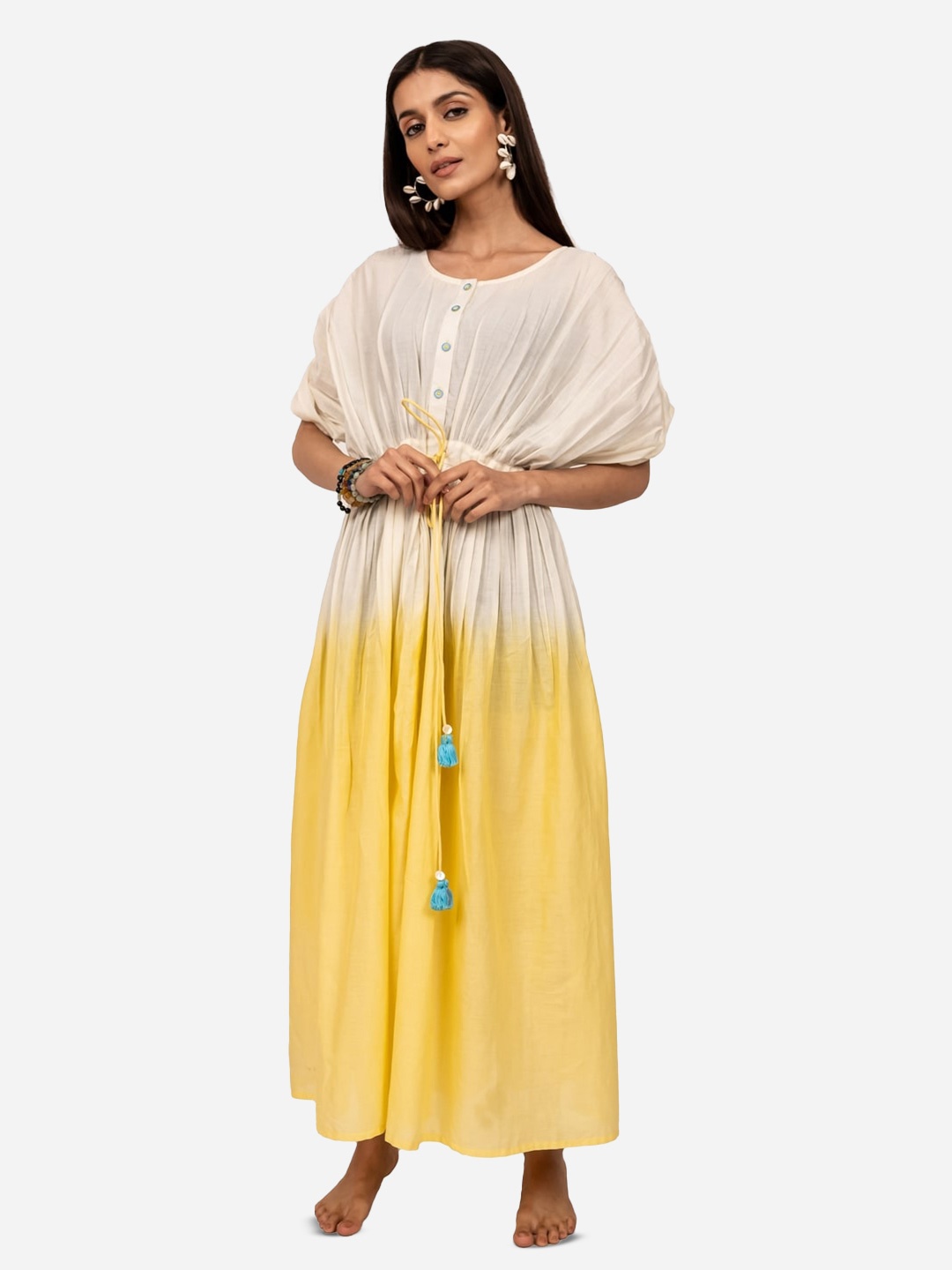 

INDIE JHOLA Ombre Round Neck Cotton Kaftan Maxi Dress, Yellow